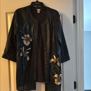 Chico's Black Leather Jacket with Blue and Gold Floral Embroidery
